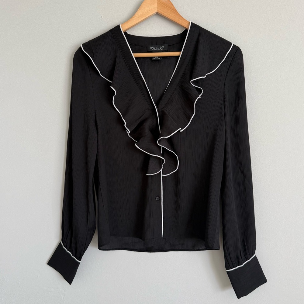 Rachel Zoe Ruffle Black Blouse with White Trim